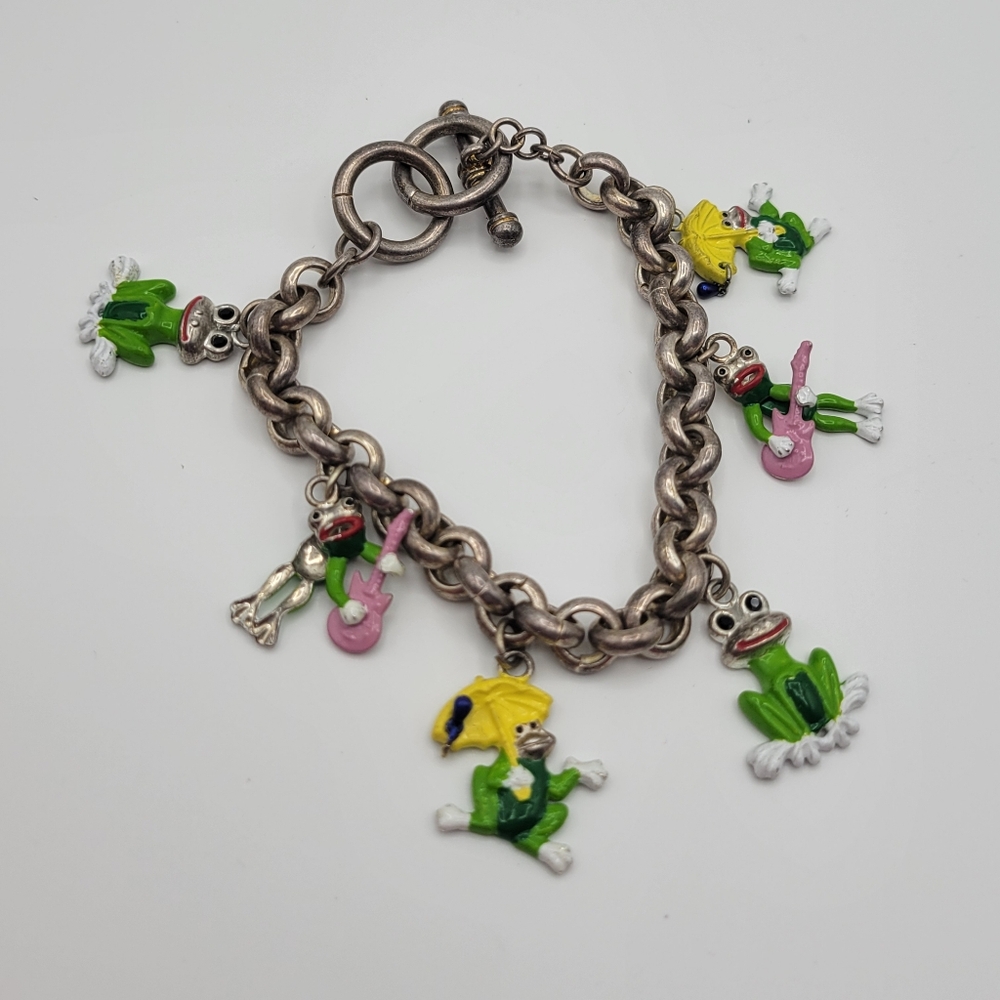 Vintage BEST Silver tone Frog Painted Charm Bracelet
